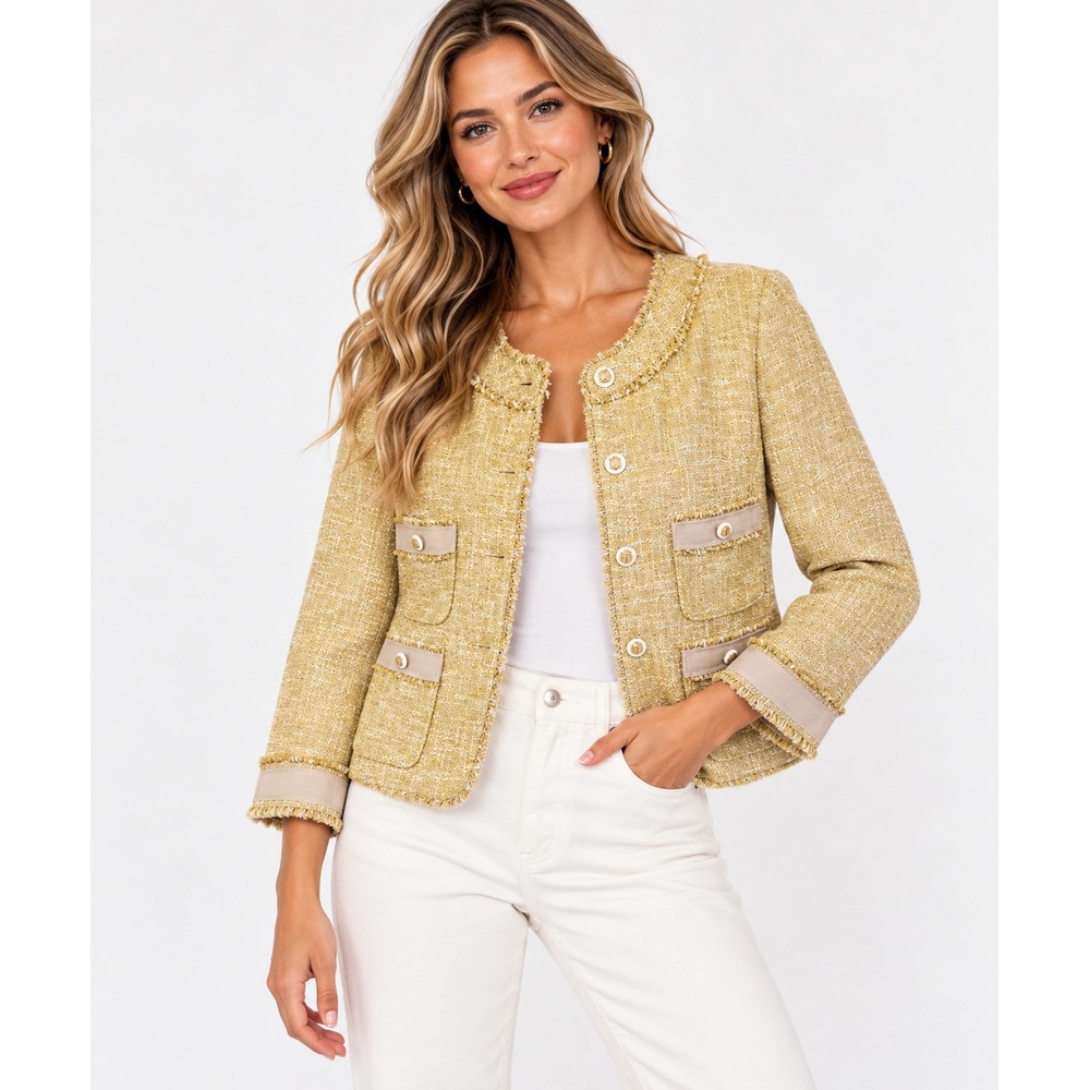 Talbots Womens Tweed Fringe Trim Blazer Jacket Size 12 Yellow Gold Chanel Style
